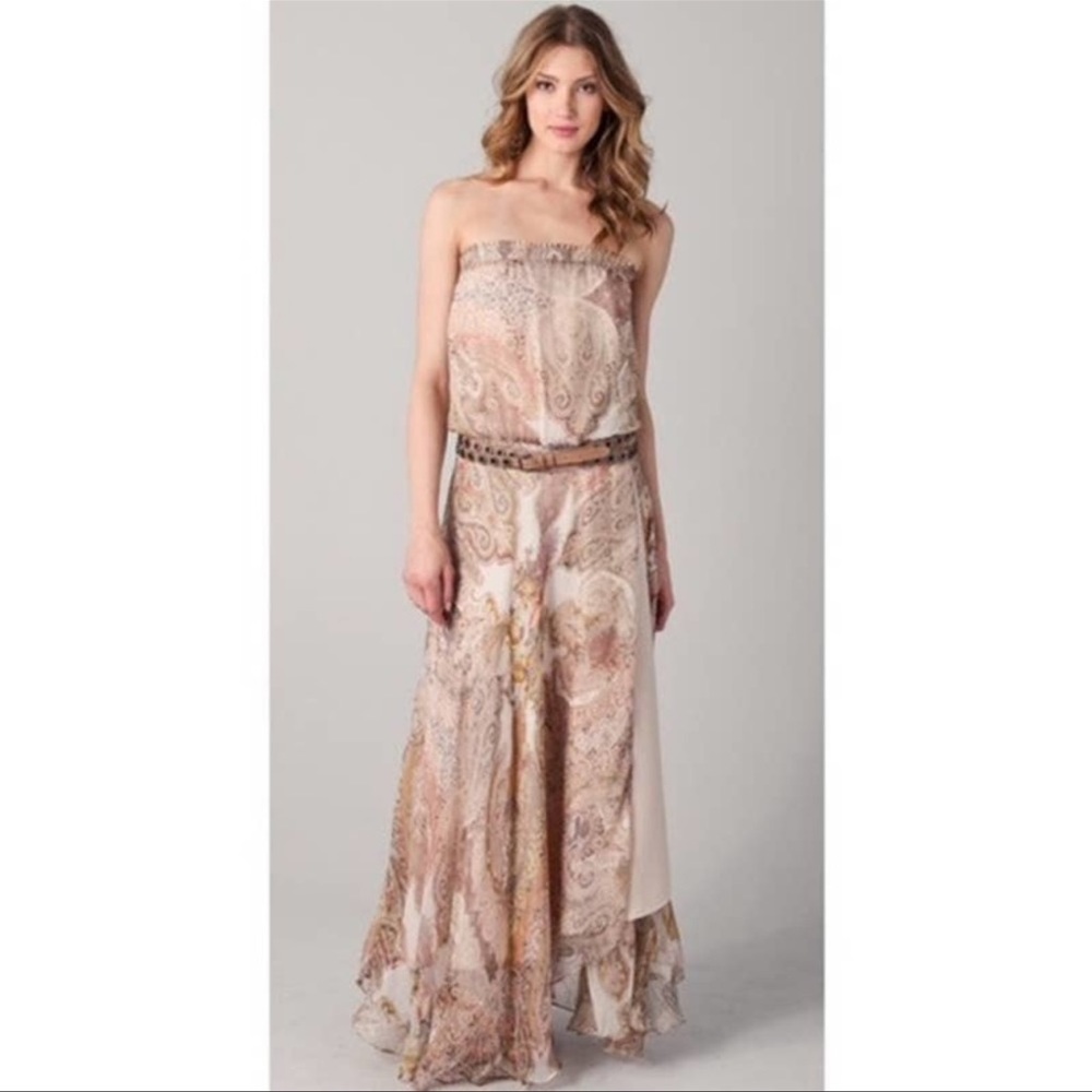 Haute Hippie Boho Strapless Maxi Style 100% Silk Tan Cream Wrap Dress Size Small
